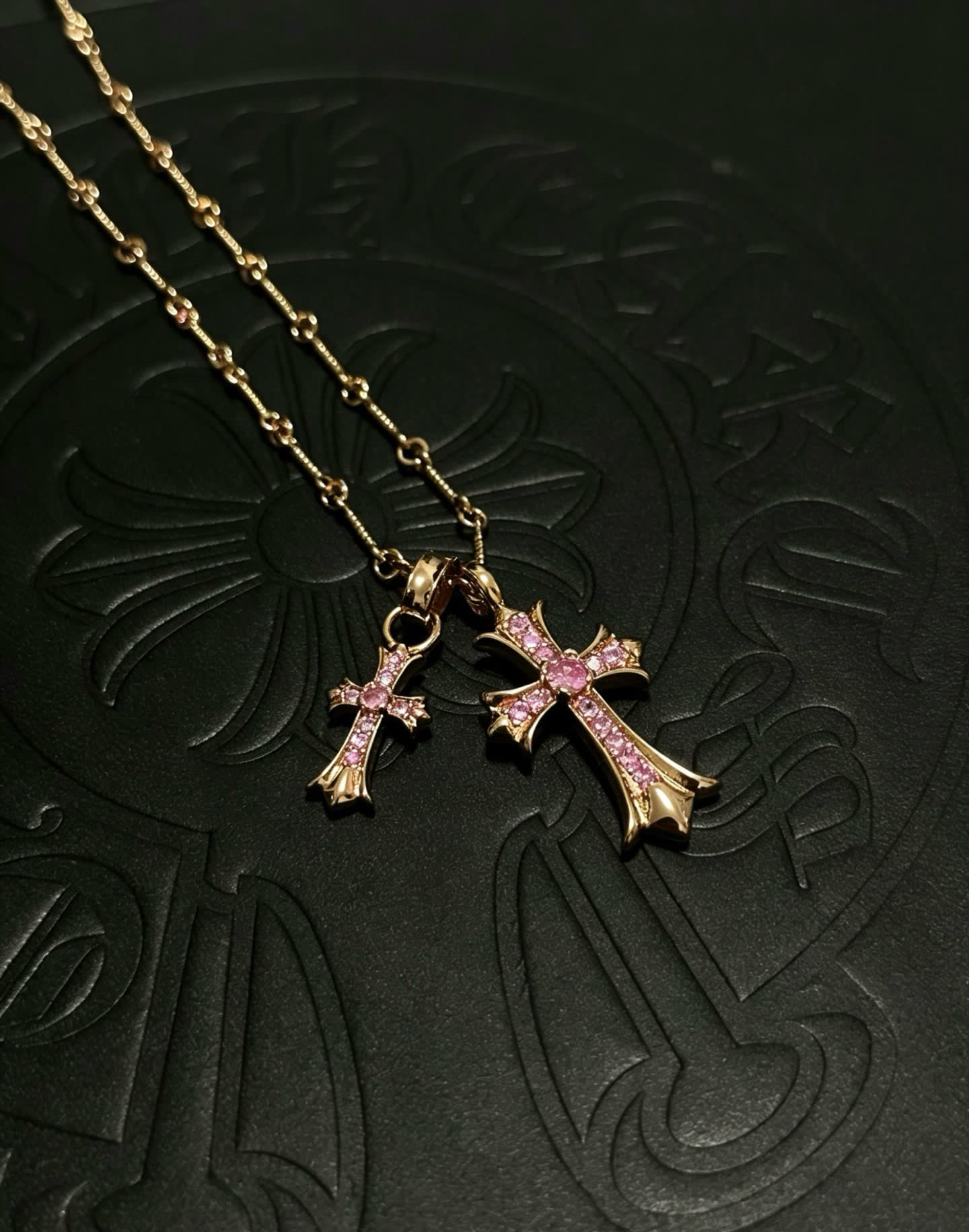 Chrome Hearts Gold Cross Pendant Necklace with Pink Stones